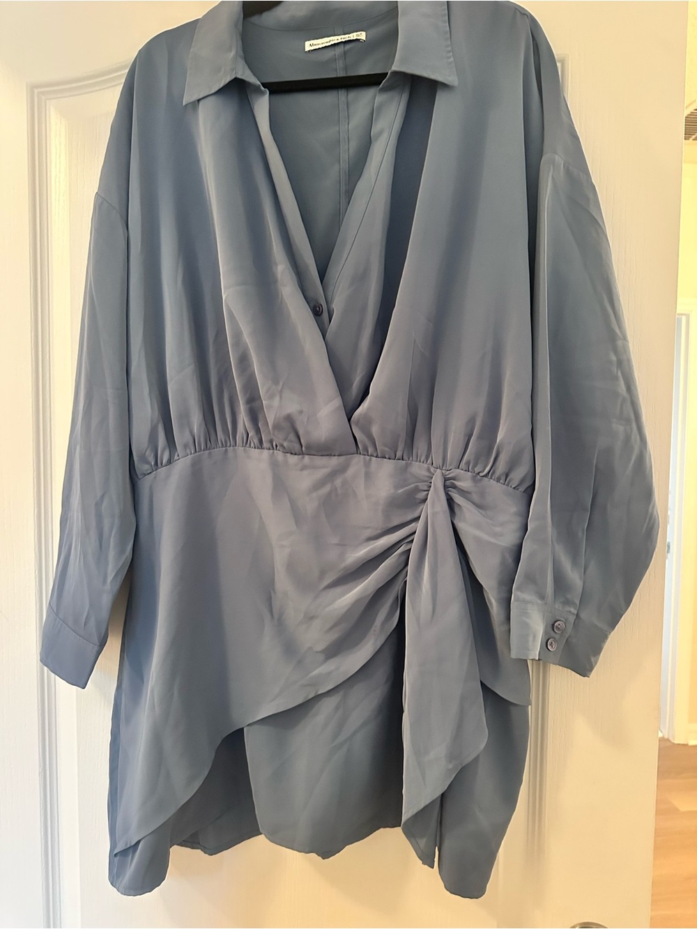 Abercrombie & Fitch Long Sleeve Faux Wrap Draped Slate Blue Dress XLP Petite - Picture 3 of 4